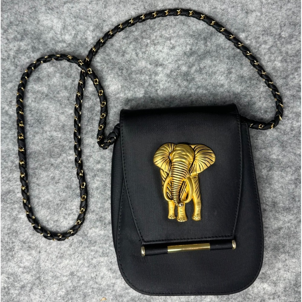 Vtg Nima Gold Elephant Crossbody Bag Purse Black Rinstone Braided 90s